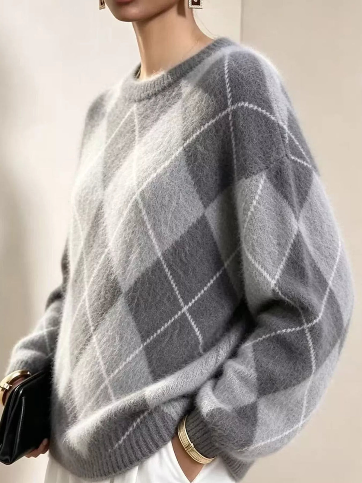 Fuzzy argyle knit sweater in gray with white diamond pattern and ribbed crew neck