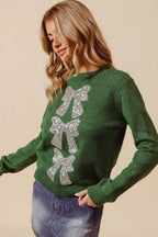 SO ME Sequin Bow Ribbon Christmas Sweater – Festive Sparkle Holiday Style