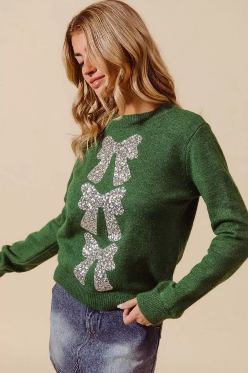SO ME Sequin Bow Ribbon Christmas Sweater – Festive Sparkle Holiday Style