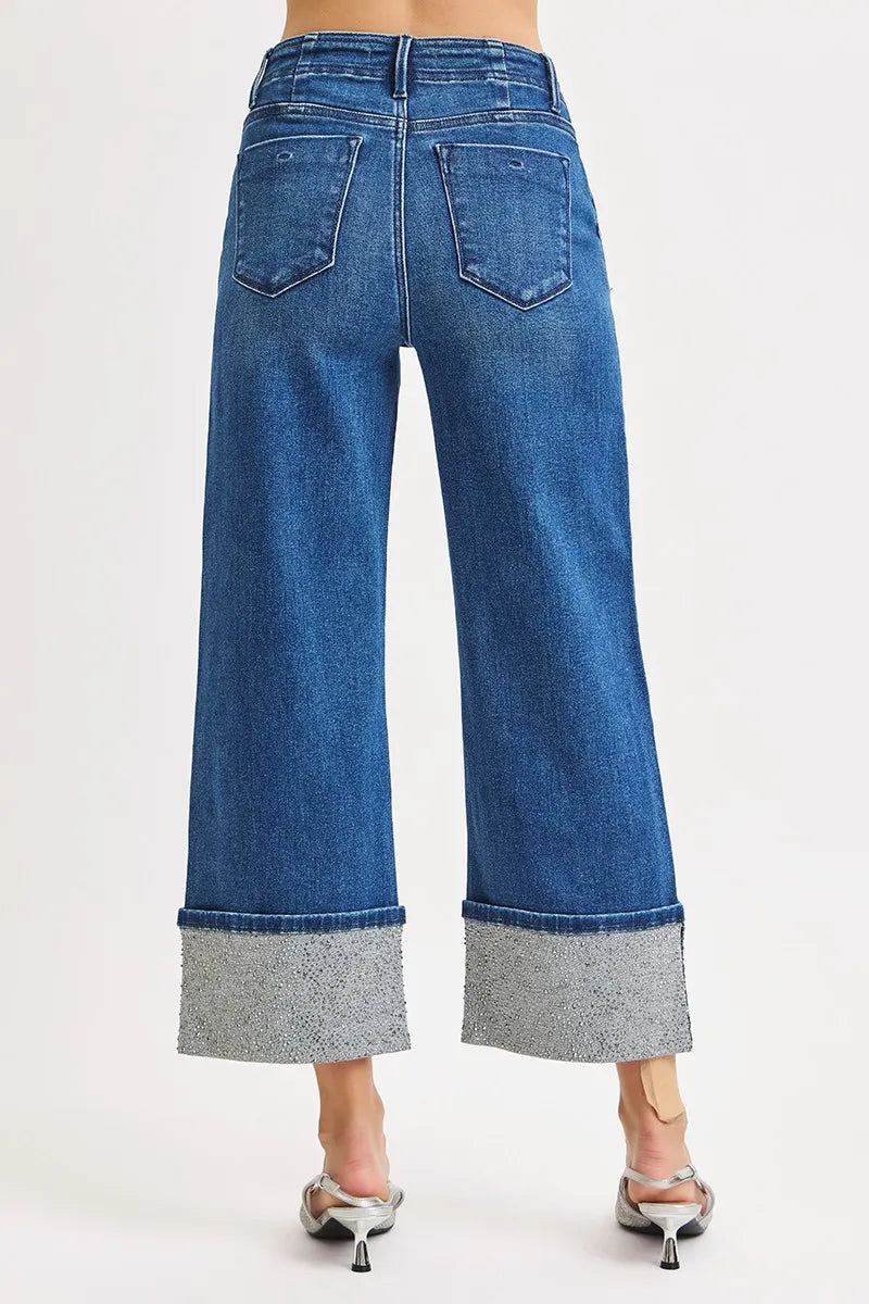 High Rise Ankle Rhinestone Cuffed Jeans – Trendy Cropped Denim