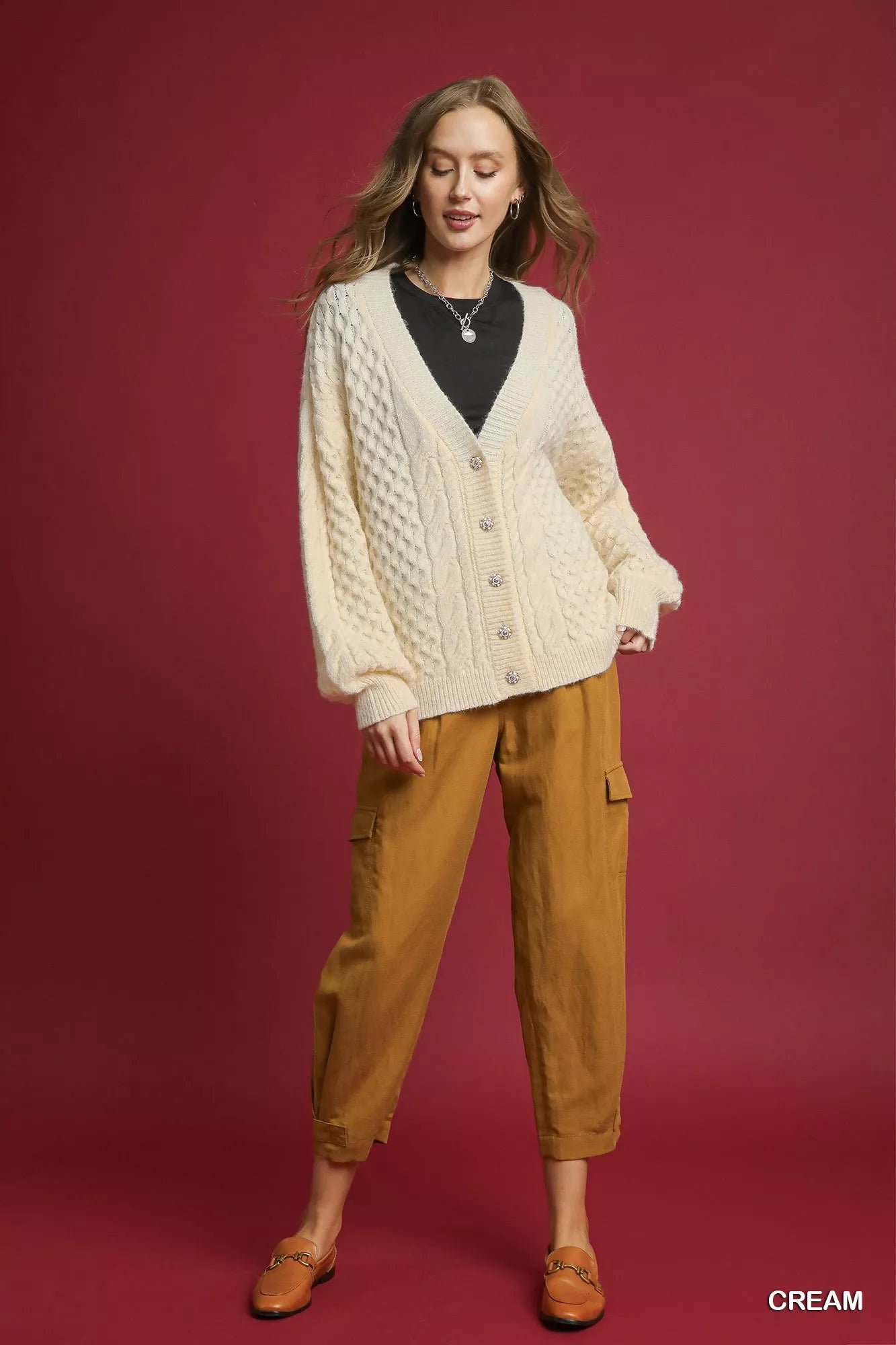 Umgee Cable Knit Pearl Button Cardigan – Elegant Cozy Classic Style