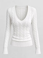 White cable-knit V-neck sweater with long sleeves and ribbed knit neckline