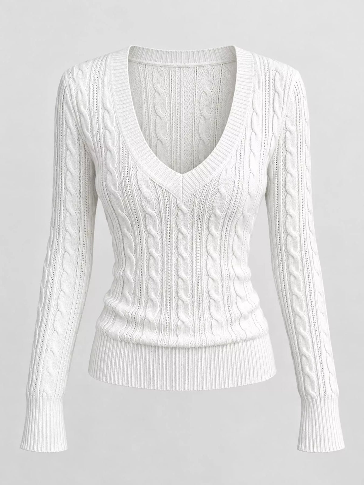 White cable-knit V-neck sweater with long sleeves and ribbed knit neckline