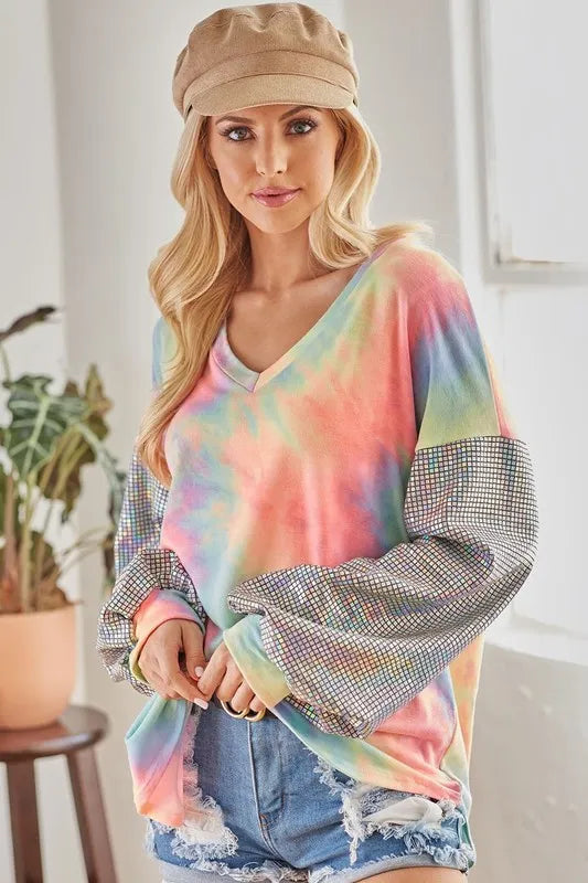 V-Neck Tie-Dye French Terry Top with Shimmer – Trendy & Cozy