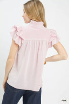Pink textured blouse with ruffled cap sleeves and pintuck look, V-neck