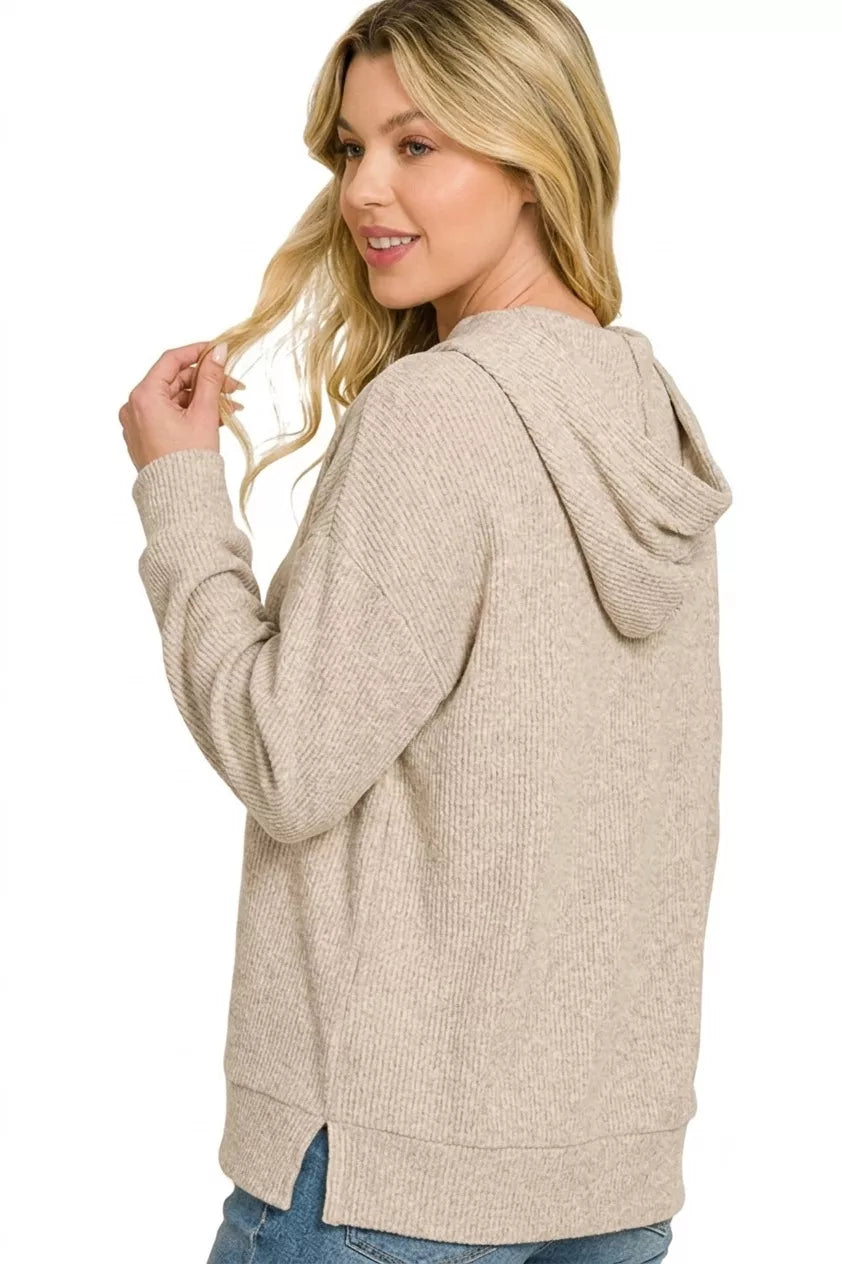 Women’s mocha knit hoodie pullover with adjustable hood and ribbed hem, side seam details