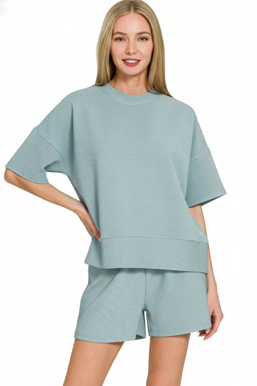 Zenana Ribbed Round Neck Tee & Shorts Set – Women's Two-Piece Loungewear