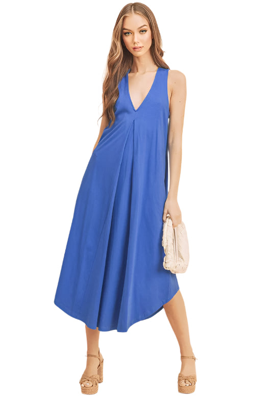 Aemi + Co Front Pleat Detail V-Neck Sleeveless Midi Dress