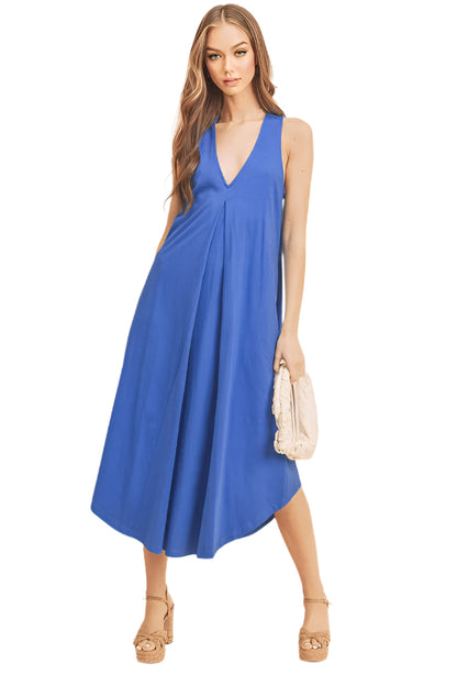 Aemi + Co Front Pleat Detail V-Neck Sleeveless Midi Dress