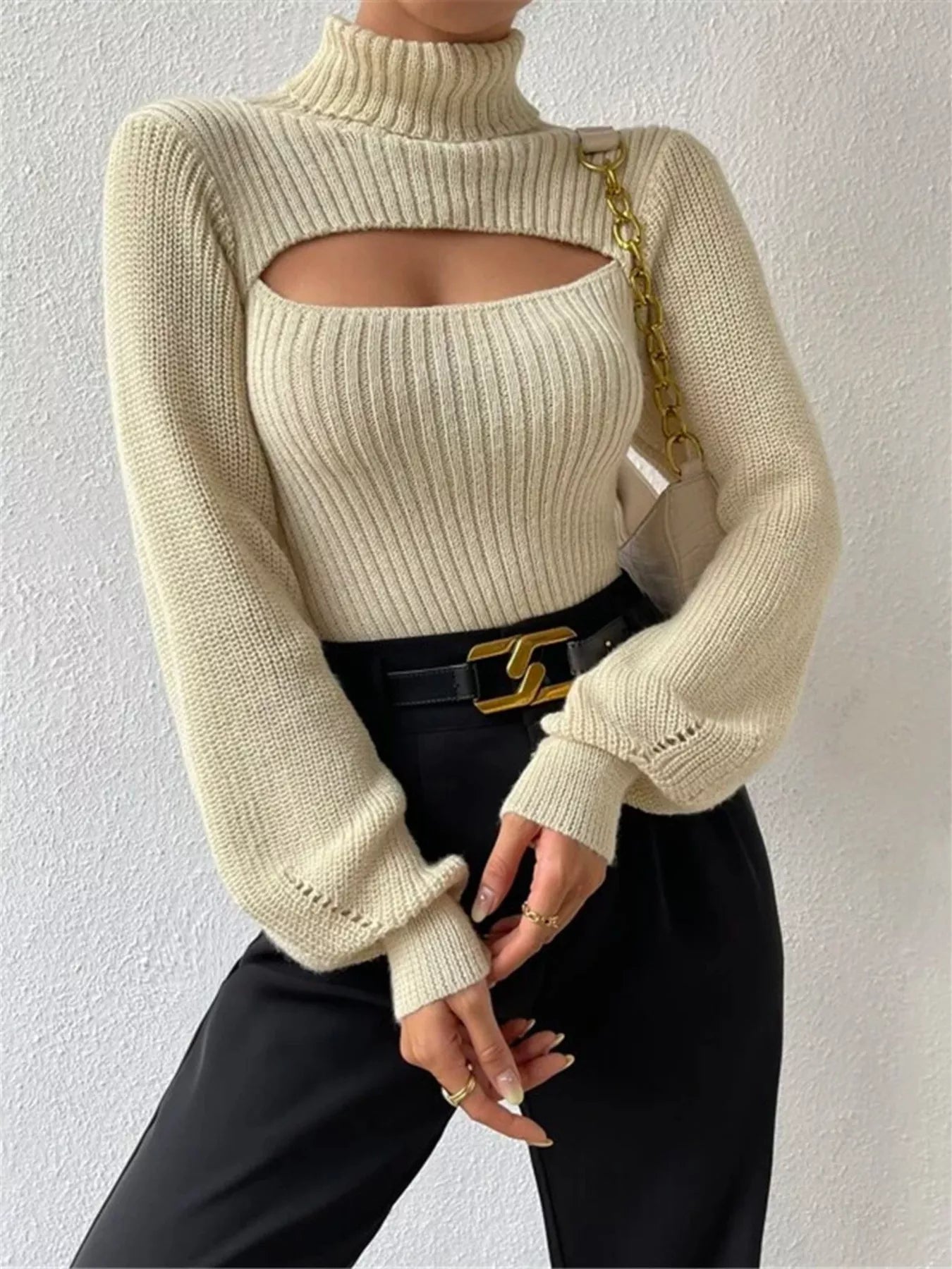 Cutout Front Turtleneck Long Sleeve Sweater – Chic Modern Knit
