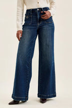 Dark faded indigo wide-leg jeans with patch pockets and button fly