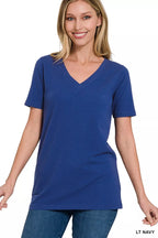 Women’s light navy V-neck short-sleeve T-shirt with relaxed fit
