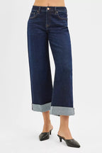 Risen Mid Rise Stretch Ankle Jeans with Wide Roll Cuffs