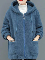 Blue fleece zip-up hoodie with drawstring hood and two front pockets