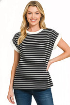 Women's black-and-white striped cap-sleeve t-shirt with contrast white neck trim