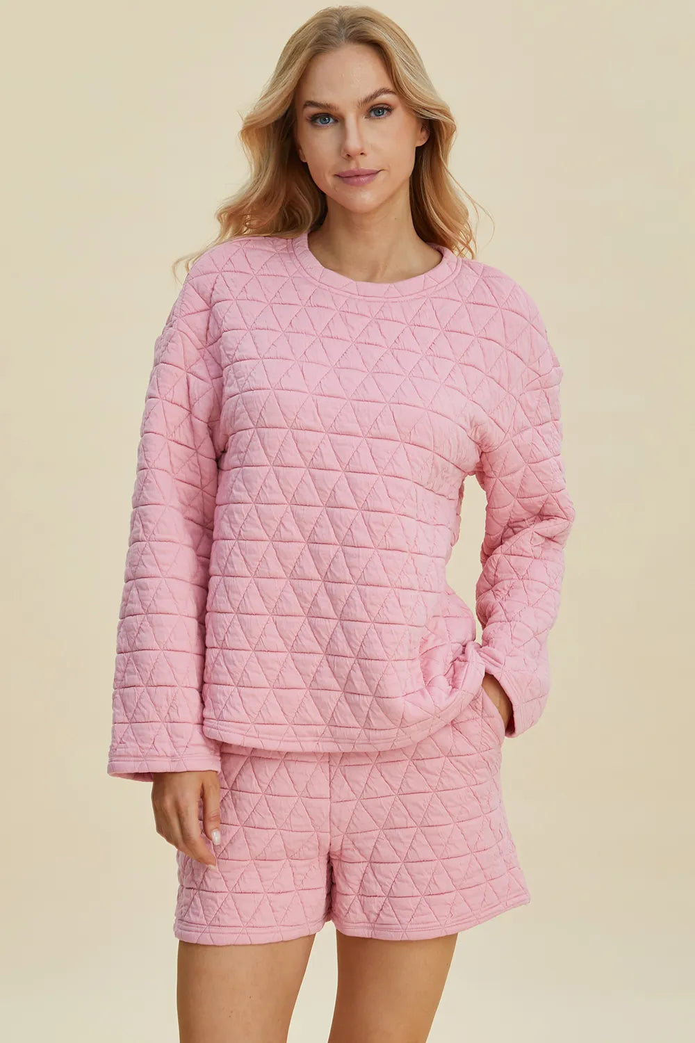 Textured long sleeve top and shorts set, pink, quilted triangle pattern