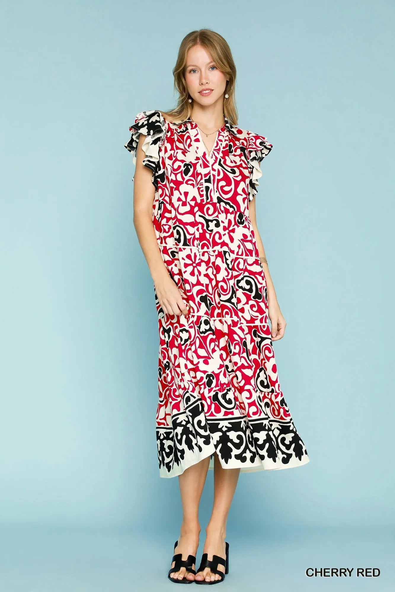 Boho Floral Midi Dress – V-Neck, Ruffle Cap Sleeves & Bold Print