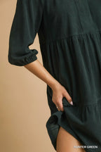 Hunter Green Tiered V-Neck Dress – Balloon Sleeve Flowy Short Dress