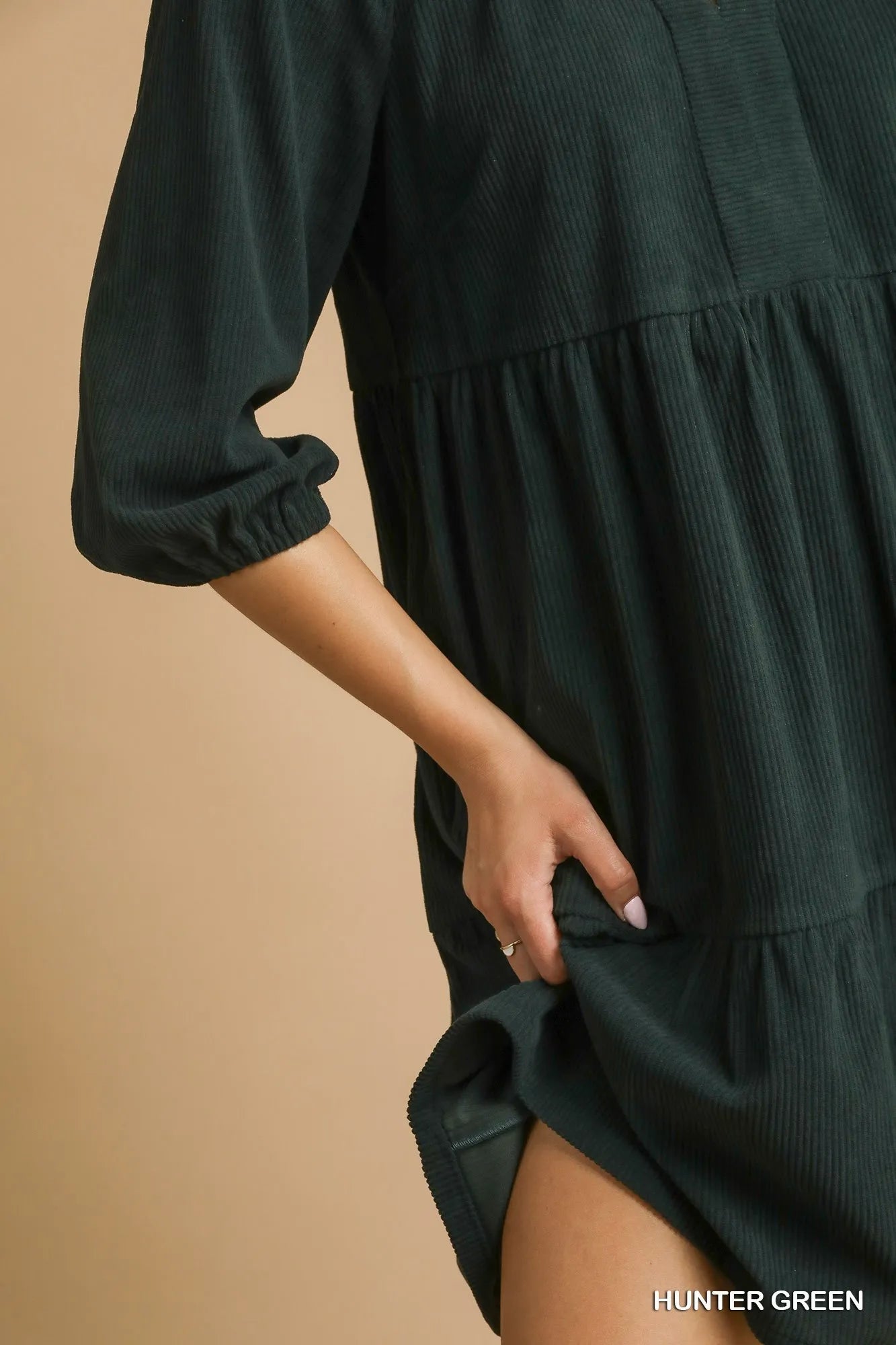 Hunter Green Tiered V-Neck Dress – Balloon Sleeve Flowy Short Dress