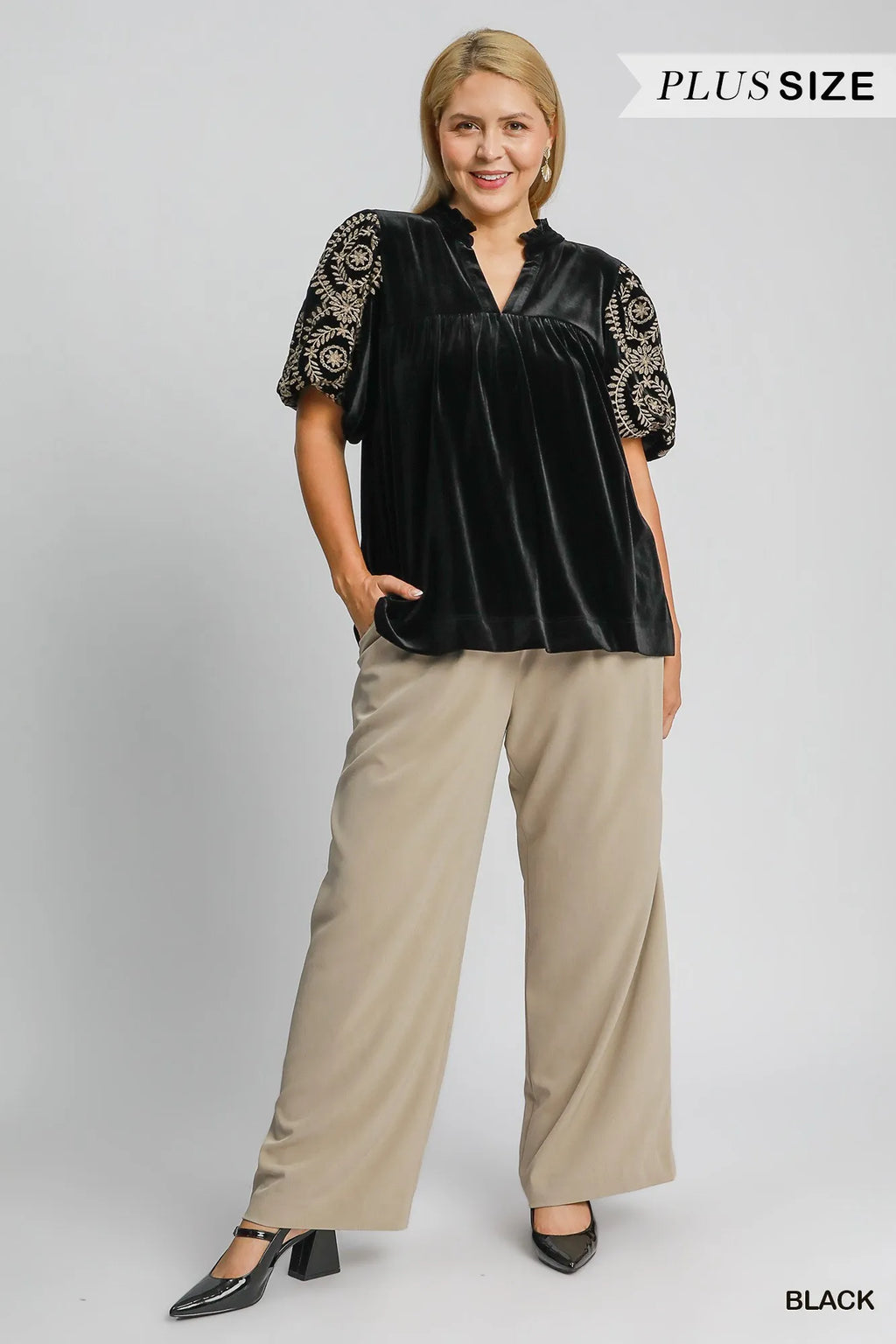 Velvet Embroidered Sleeve Blouse Luxe Ruched Top with Elegant Detailing