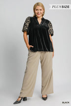 Velvet Embroidered Sleeve Blouse Luxe Ruched Top with Elegant Detailing