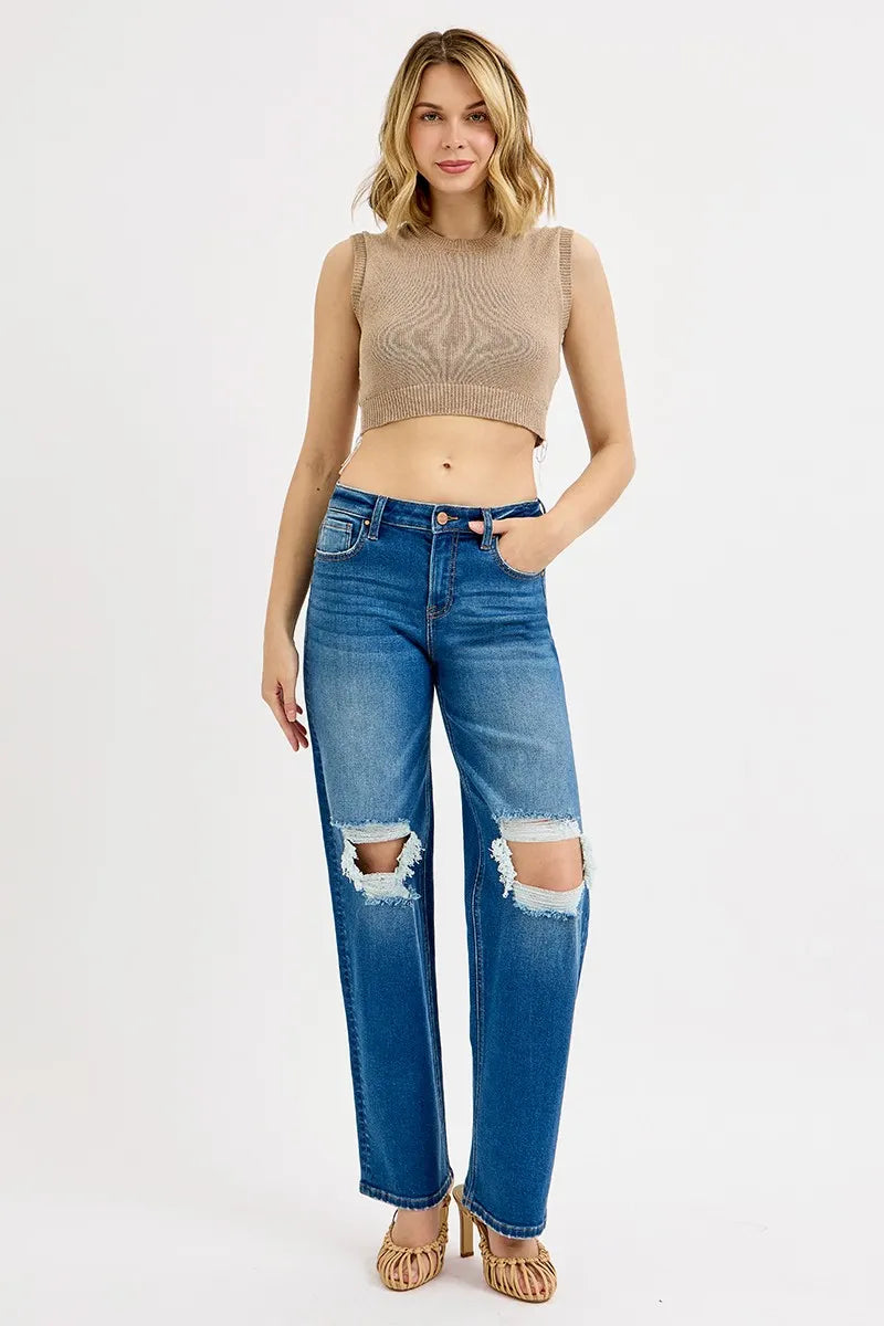 Distressed Knee Straight Leg Jeans – Medium Blue Stretch Denim