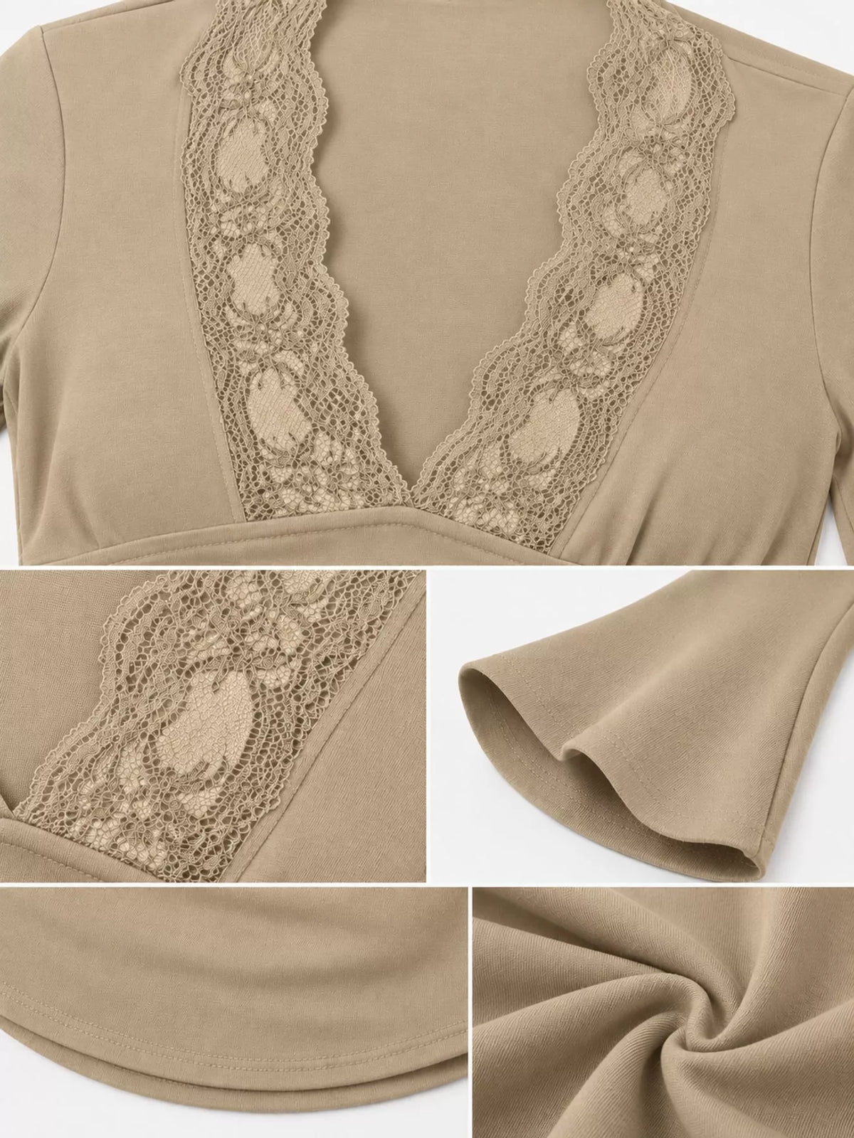 Khaki lace-trim V-neck long sleeve tee close-up with scalloped lace and bell sleeve cuff.