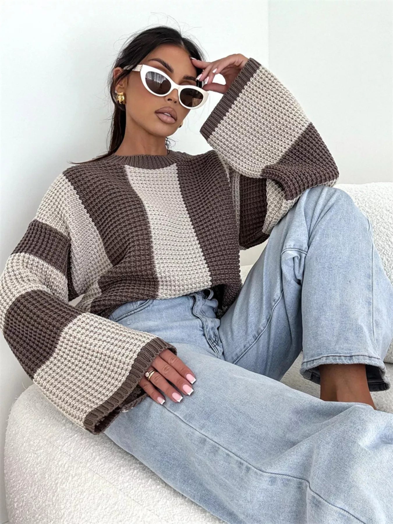 Color Block Long Sleeve Sweater – Trendy Casual Knitwear