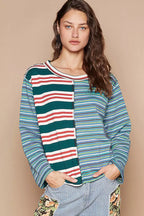 Color Block Striped Round Neck Long Sleeve T-Shirt – Casual Chic