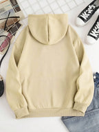 Light cream drawstring dropped-shoulder hoodie back view with hood