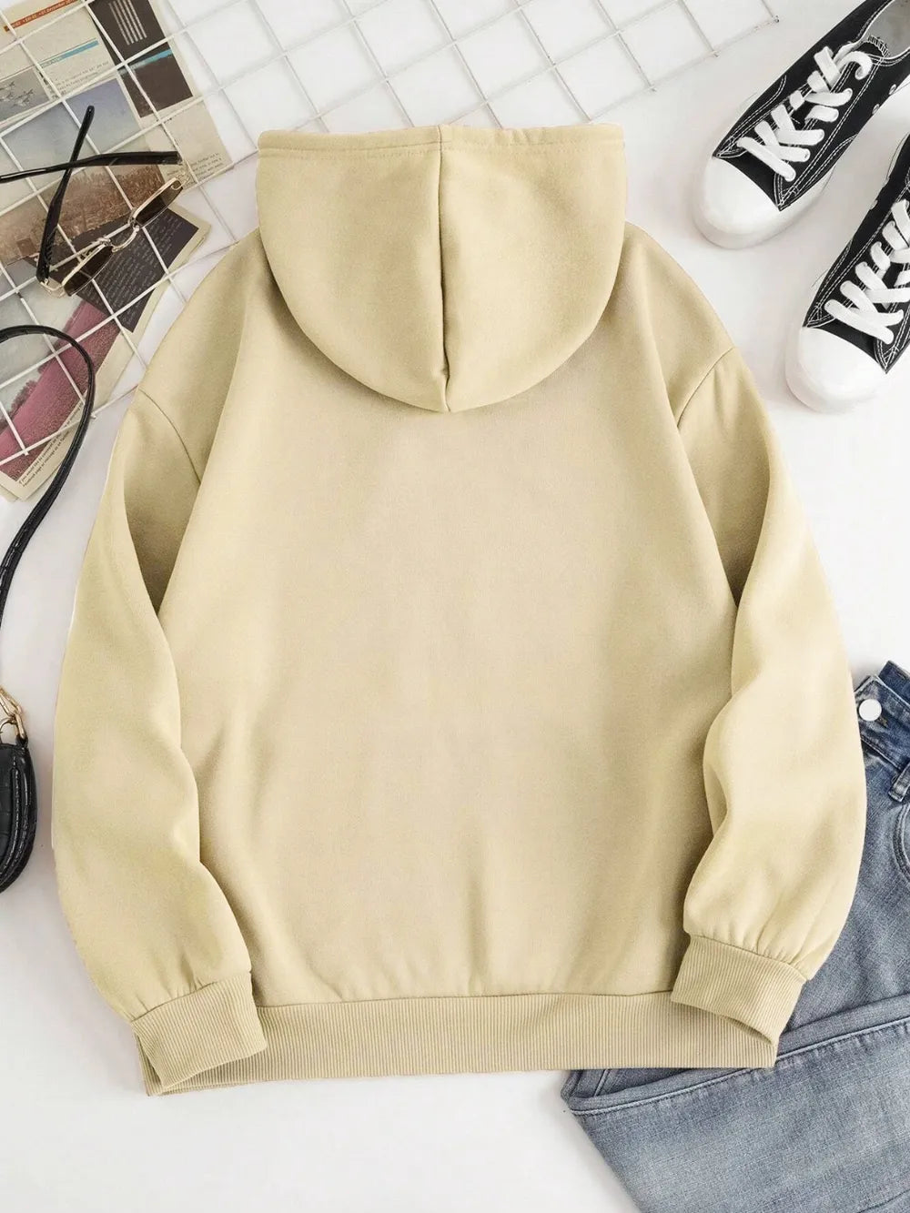Light cream drawstring dropped-shoulder hoodie back view with hood