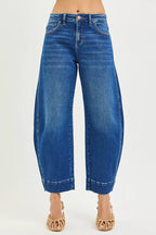 Plus size crop barrel jeans with mid-rise waist, blue wash, button fly, relaxed fit