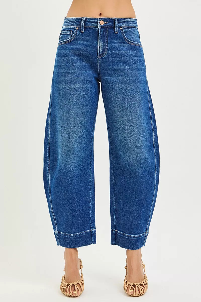 Plus size crop barrel jeans with mid-rise waist, blue wash, button fly, relaxed fit