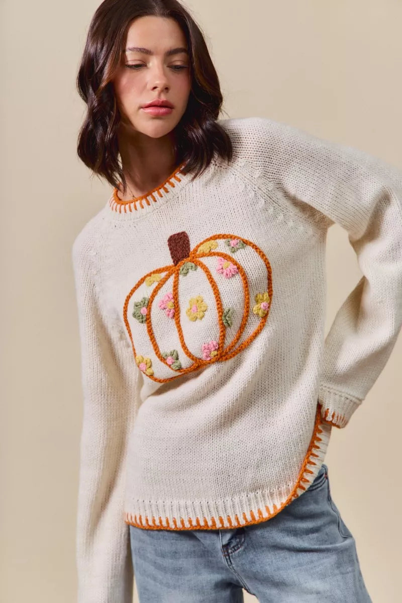 Pumpkin Floral Embroidered Thanksgiving Sweater – Festive Fall Knit