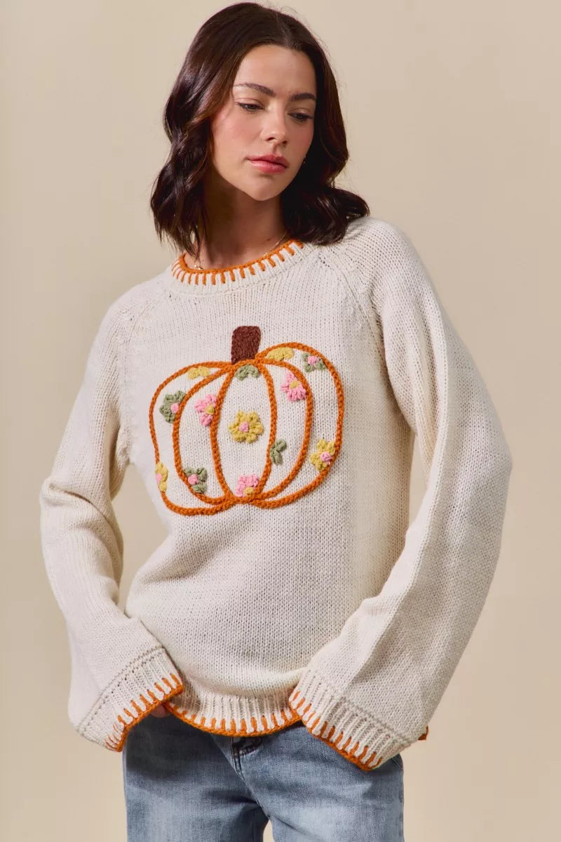 Pumpkin Floral Embroidered Thanksgiving Sweater – Festive Fall Knit
