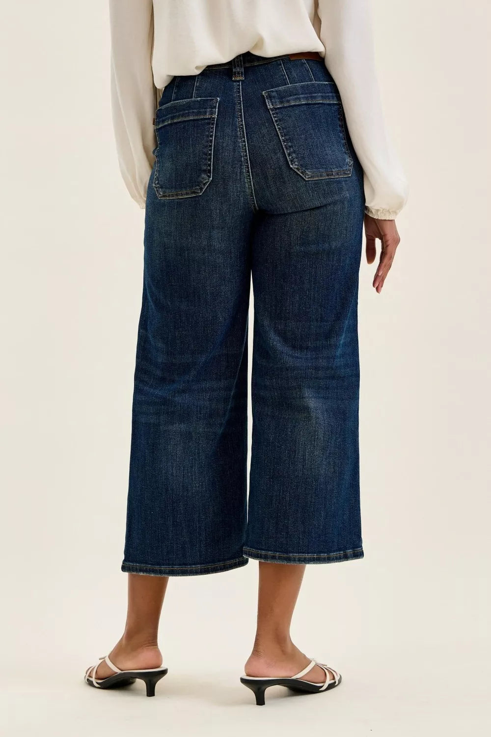 Women’s high-waist wide-crop utility jeans, dark blue denim, back patch pockets