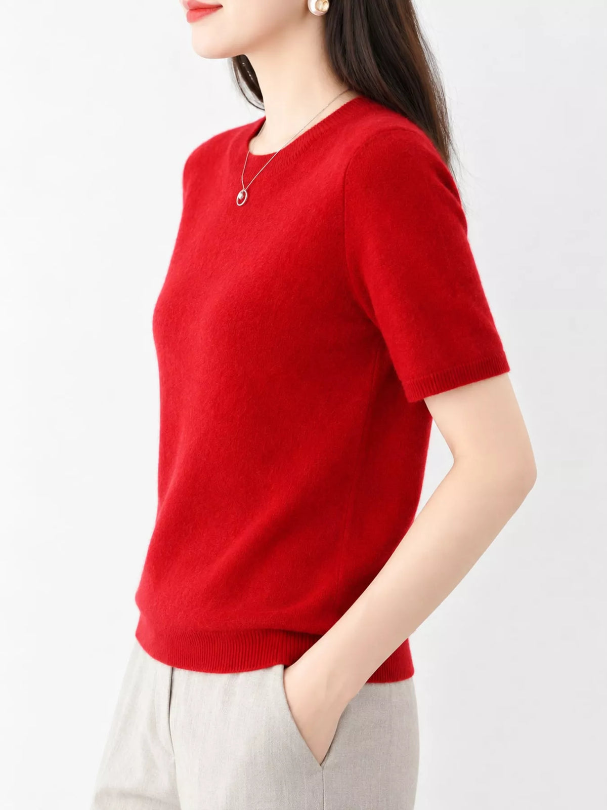 Bright red round-neck short-sleeve sweater with ribbed crew neck and cuffs