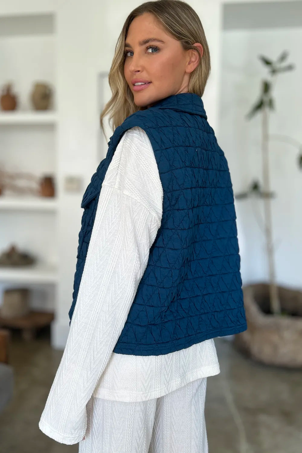 Double Take Full Size Snap Down Textured Vest Coat with Pockets