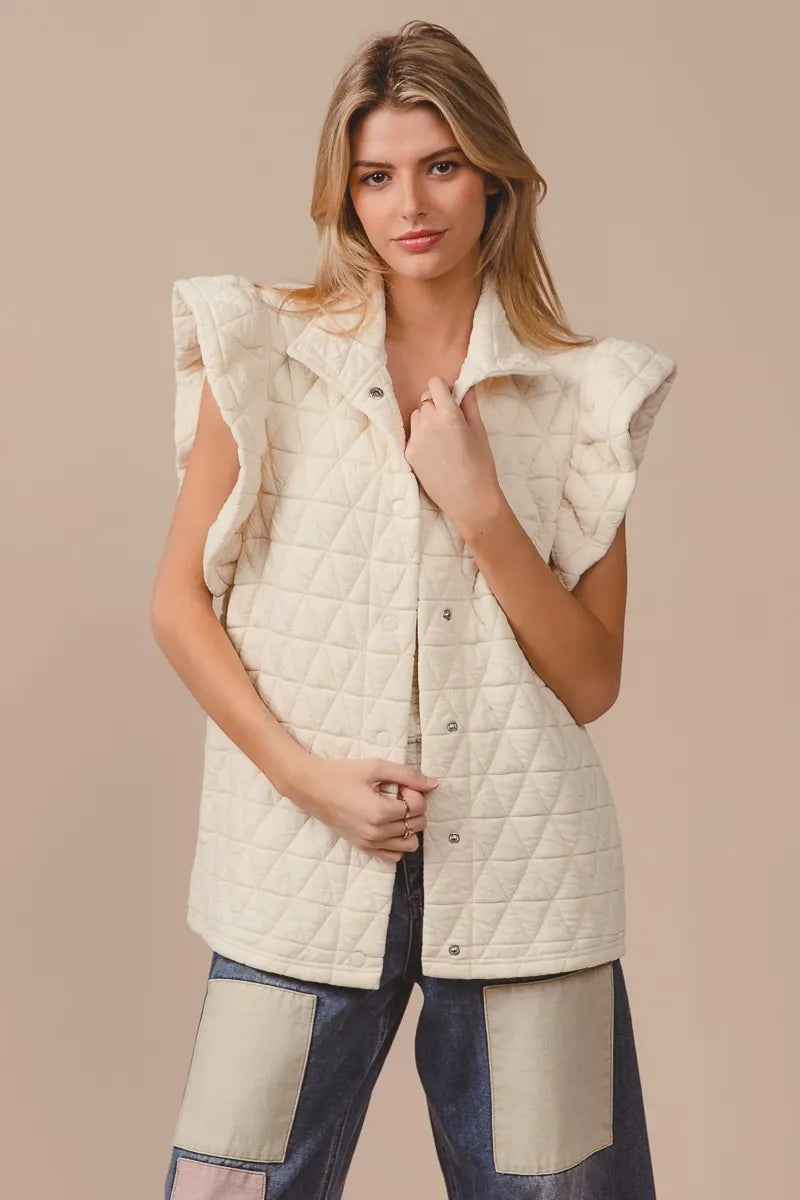 Cream Quilted Vest Coat – Diamond Pattern Button-Front Layering Piece