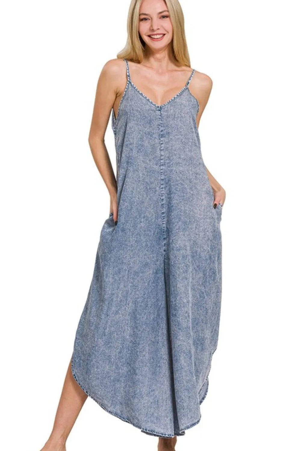 Acid Wash Chambray Jumpsuit with Wide Legs, V-Neck & Pockets