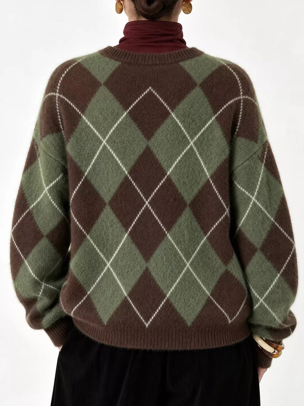 Fuzzy argyle knit sweater back view in green and brown with white diamond pattern