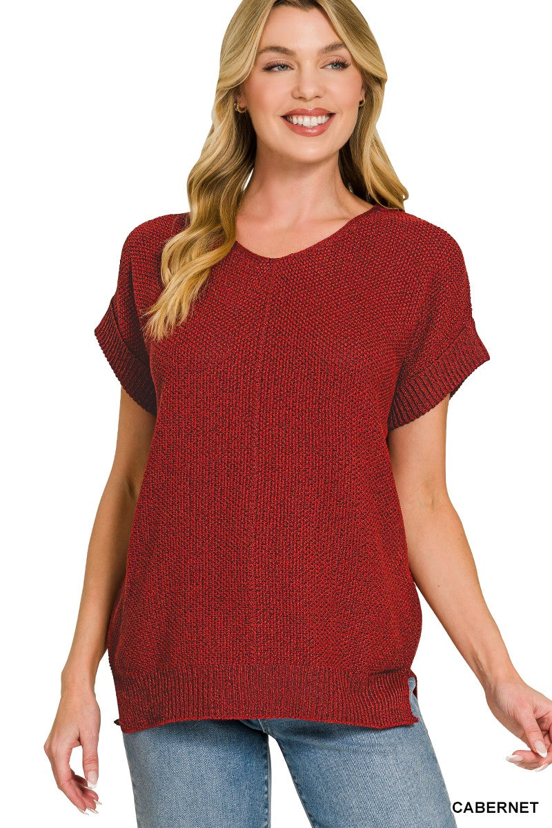 Cabernet center-seam knit top with short sleeves and crew neckline