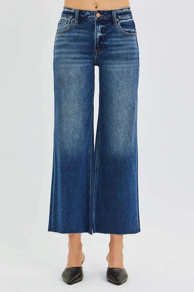 Mid Rise Crop Wide Leg Jeans with Raw Cut Hem | Casual Chic Denim