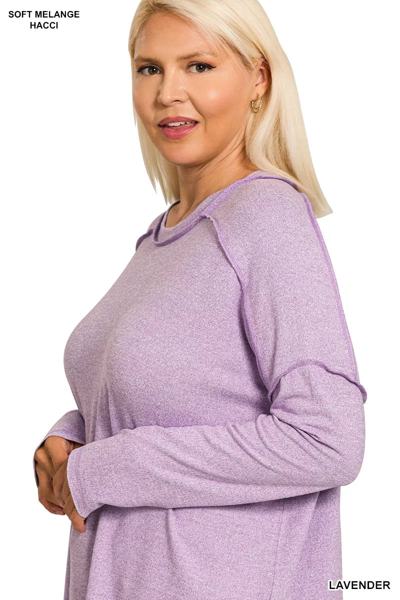 Zenan Soft Melange Hacci Exposed Seam Hi-Low Tee