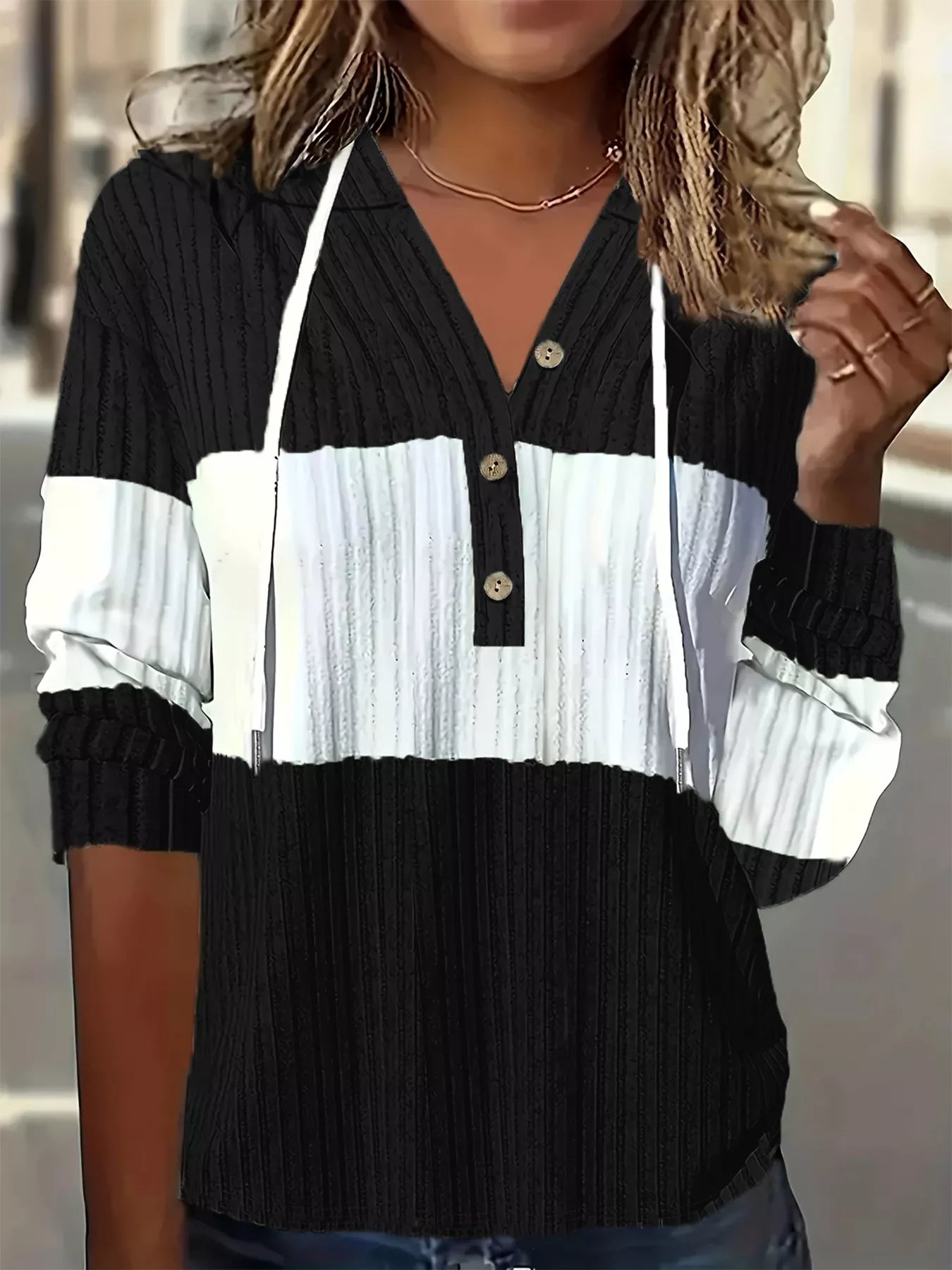 Color Block Drawstring Long Sleeve Hoodie – Casual Cozy Pullover