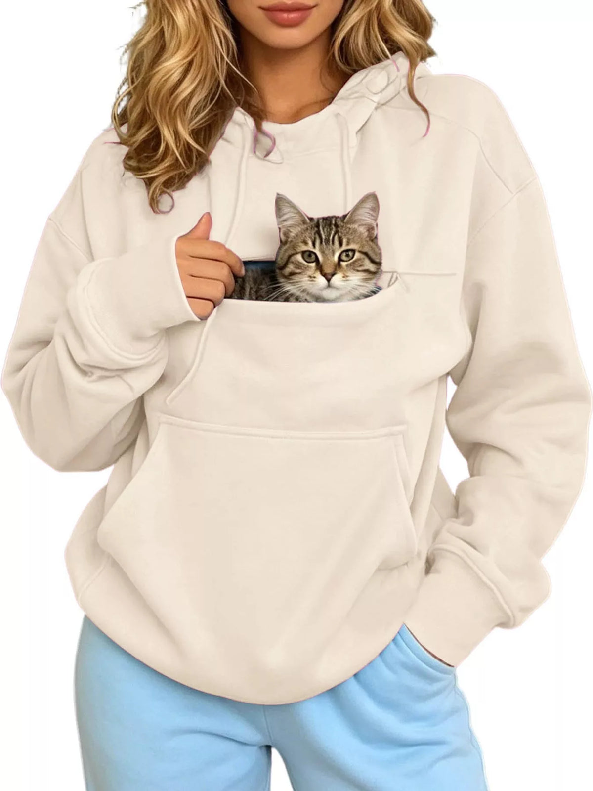 Cream cat-pouch drawstring hoodie with cat face graphic in front pouch
