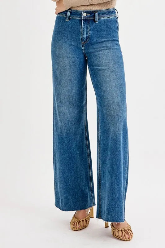 Dreamkue-Risen Women's High Waisted Wide Leg Jeans Stretch Denim Trousers