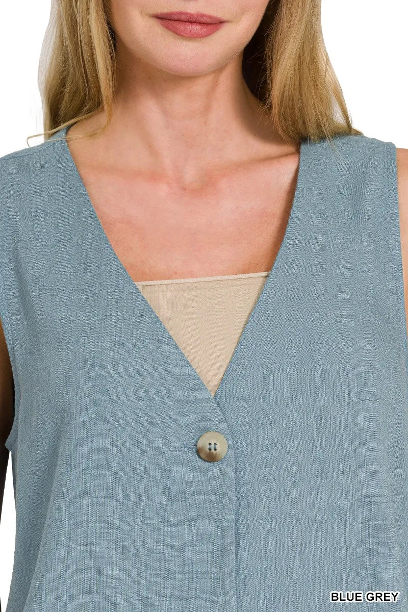 Zenana Blue Grey Side Slit Button Vest – Stylish & Lightweight Layer