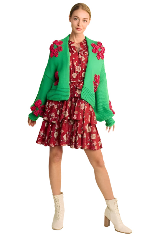 Davi & Dani Floral Applique Open Front Drop Shoulder Cardigan