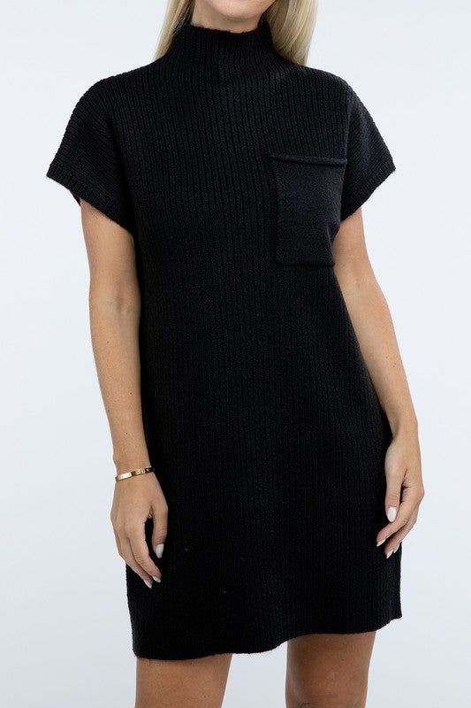 Zenana Mock Neck Short Sleeve Sweater Dress with Pocket